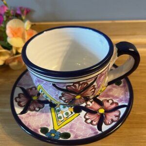 Talavera Mexican pottery tea cup and saucer set El Pincel Pue Mexico